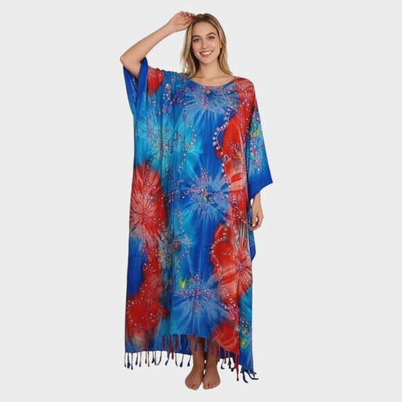 UNBRANDED Women's Kaftan MuuMuu ONE SIZE Boho Embroidered Sequins Beaded Floral - Picture 1 of 4
